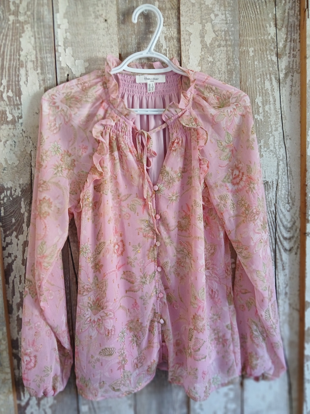 (2/20$)Pink Floral Women Ruffle Blouse